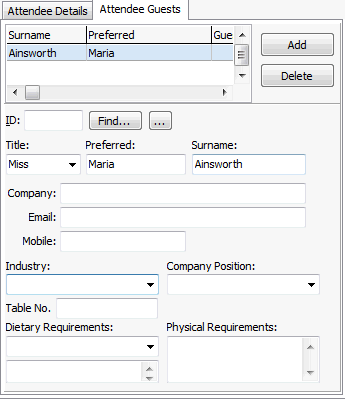Events Maintenance - Current Attendees tab - Attendee Guests sub-tab (cut down)