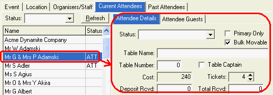 Events Maintenance - Current Attendees tab - Attendee Guests sub-tab (cut down)