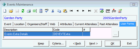 Events Maintenance - User Forms tab