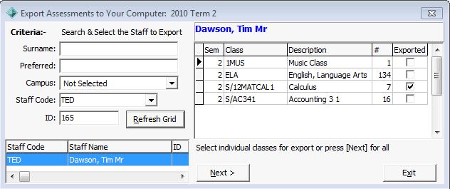 Export Assessments to Your Computer window