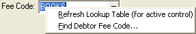 Fee Code field (right click menu)