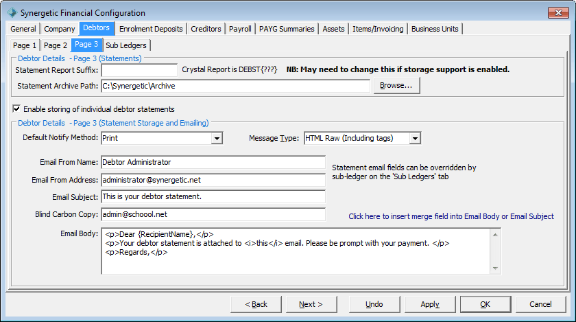 Finance Configuration Maintenance - Debtors tab - Page 3 sub-tab