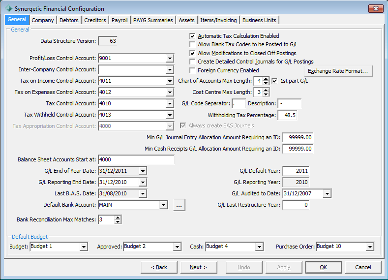 Finance Configuration Maintenance - General tab (cut down)