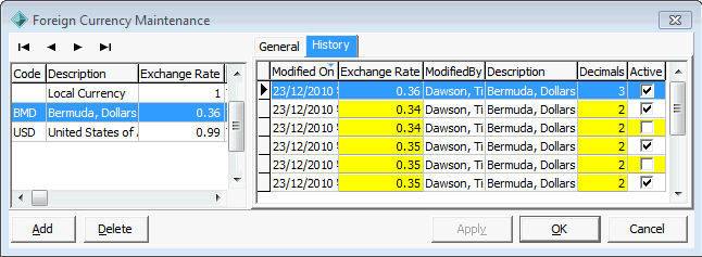 Foreign Currency Maintenance - History tab