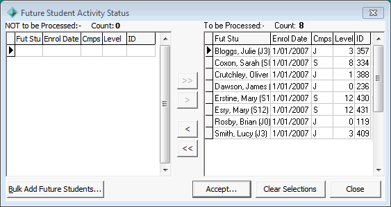 Future Student Activity Status window