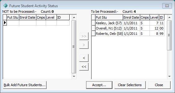 Future Student Activity Status window