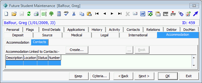 Future Student Maintenance - Accommodation tab - Contacts sub-tab
