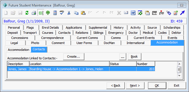 Future Student Maintenance - Accommodation tab - Contacts sub-tab
