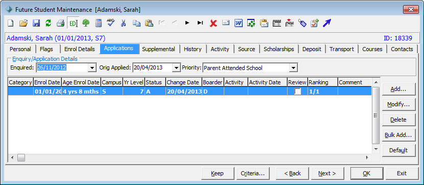 Future Student Maintenance - Applications tab