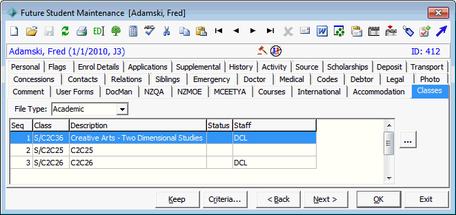 Future Student Maintenance - Classes tab