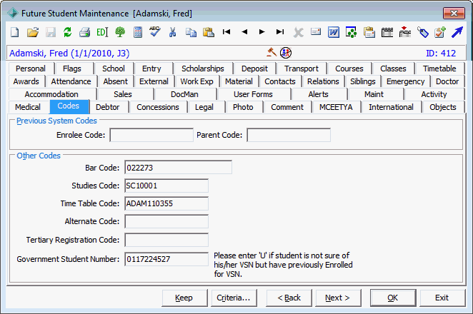 Future Student Maintenance - Codes tab