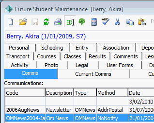 Future Student Maintenance - Comms tab (cut down)