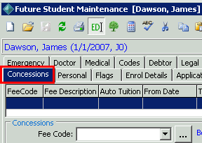 Future Student Maintenance - Concessions tab (cutdown)
