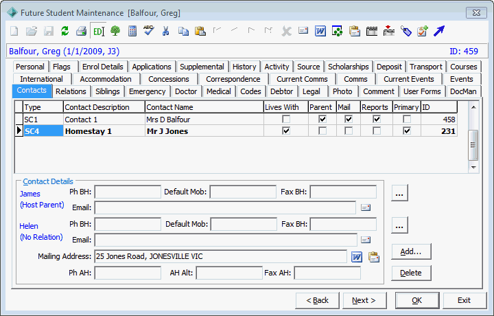 Future Student Maintenance - Contacts tab (cut down)