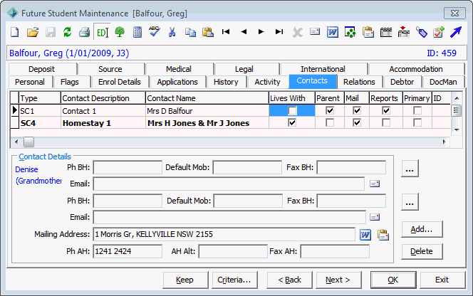 Future Student Maintenance - Contacts tab