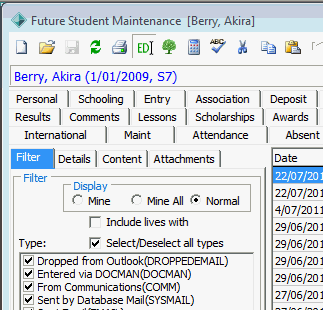 Future Student Maintenance - Correspondence tab (cut down)