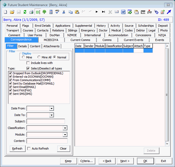 Future Student Maintenance - Correspondence tab