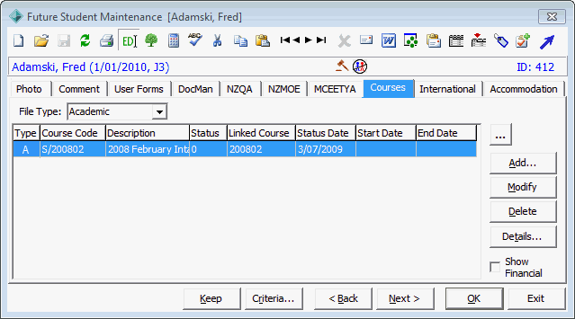 Future Student Maintenance - Courses tab (cut down)