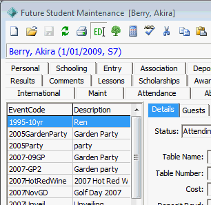 Future Student Maintenance - Current Events tab (cut down)