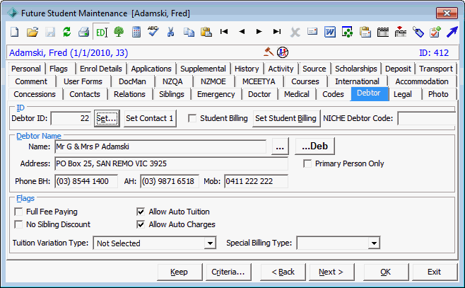 Future Student Maintenance - Debtor tab