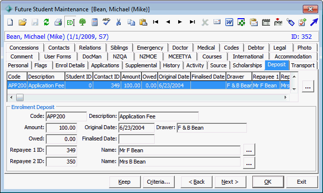 Future Student Maintenance - Deposit tab