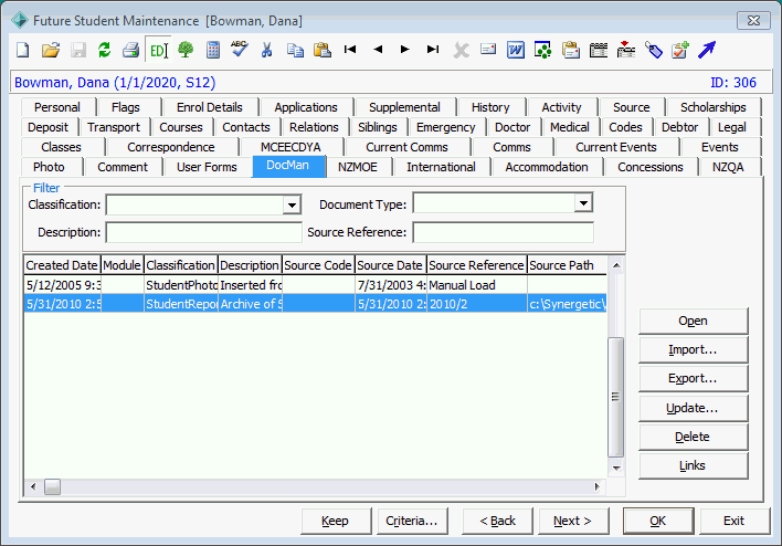 Future Student Maintenance - DocMan tab