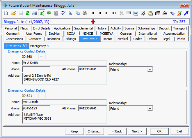 Future Student Maintenance - Emergency tab - Emergency 1/2 sub-tab