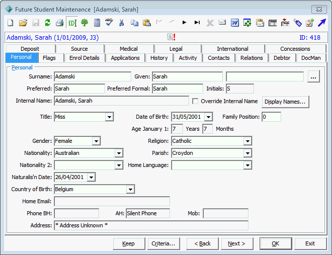 Future Student Maintenance - Personal tab