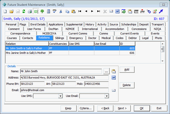 Future Student Maintenance - Relations tab (cut down)