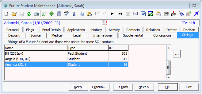 Future Student Maintenance - Siblings tab