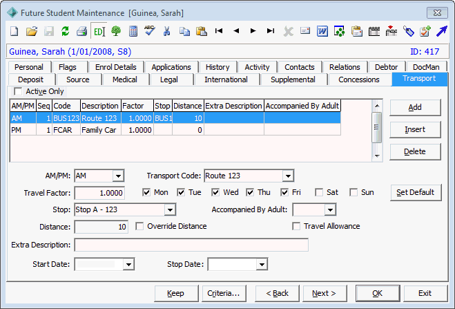 Future Student Maintenance - Transport tab