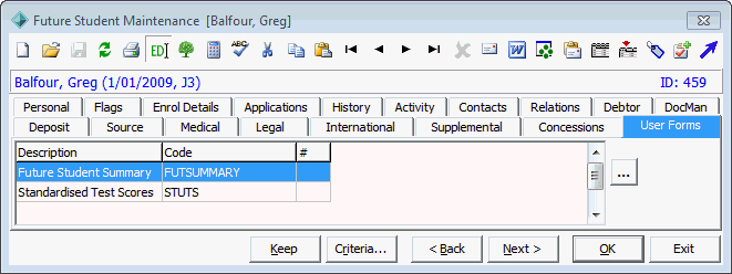 Future Student Maintenance - User Forms tab