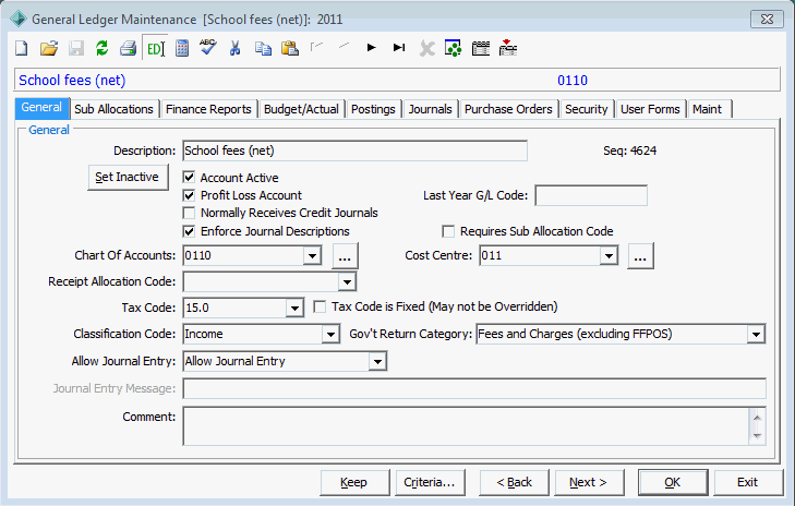 General Ledger Maintenance - General tab