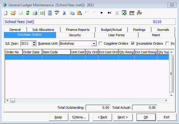 General Ledger Maintenance - Purchase Orders tab