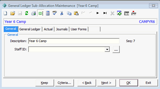 General Ledger Sub-Allocation Maintenance - General tab