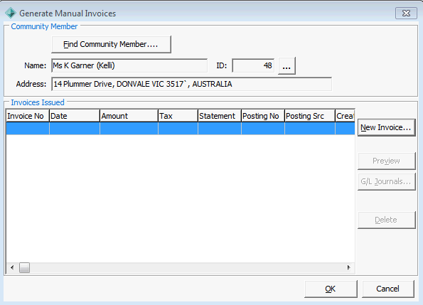 Generate Manual Invoices window