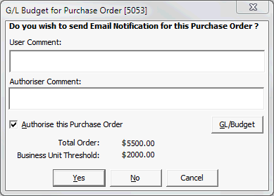GL Budget for Purchase Order window