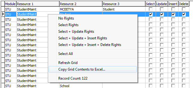 Group Security Maintenance - Groups View (grid area, right mouse menu)