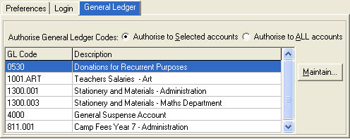 Group Security Maintenance - Users view - General Ledger tab