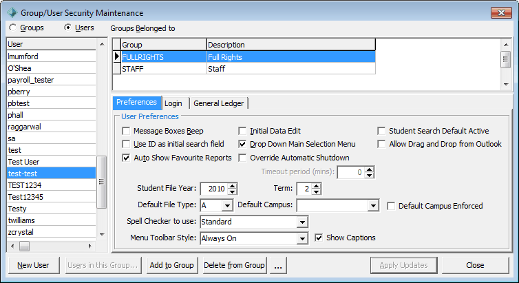 Group Security Maintenance - Users view