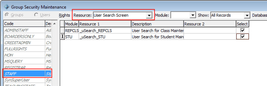 Group User Security Maintenance (User Search Screen example)