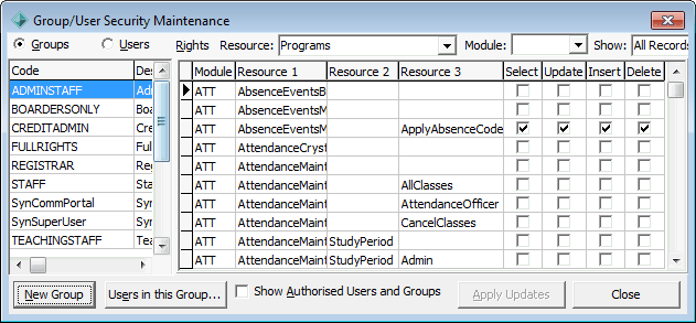 Group Security Maintenance - Groups view
