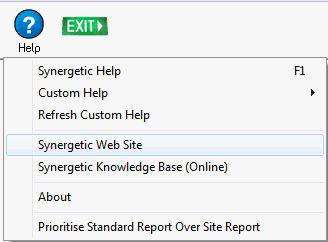 Help - Synergetic Web Site menu option