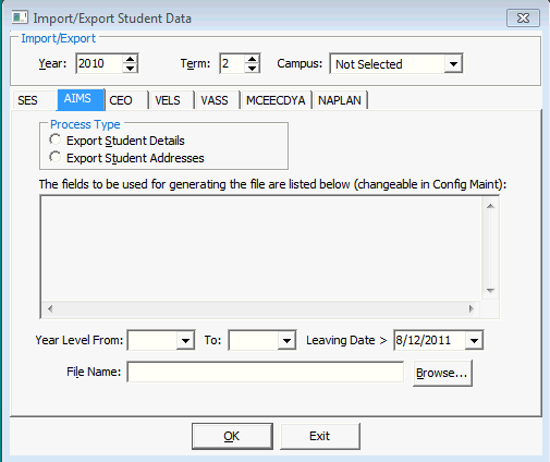 Import/Export Student Data - AIMS tab