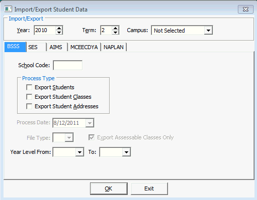 Import/Export Student Data - BSSS tab