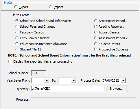 Import/Export Student Data - CEO tab (Export mode fields)