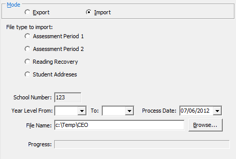 Import/Export Student Data - CEO tab (Import mode fields)