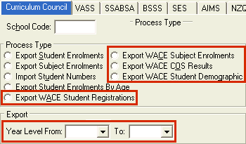 Import/Export Student Data - Curriculum Council tab (cut down)