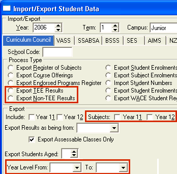 Import Export Student Data - Curriculum Council tab (cut down)