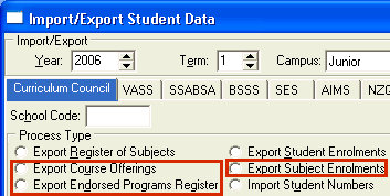 Import Export Student Data - Curriculum Council tab (cut down)
